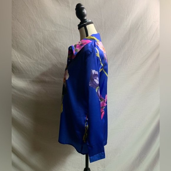 Blue Floral Satin Button Down Blouse - Picture 7 of 8